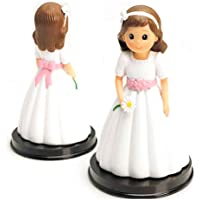 Figura tarta niña Comunión con vestido blanco- fajín rosa y margarita en la mano. Recuerdo pastel Primera Comunión chica…